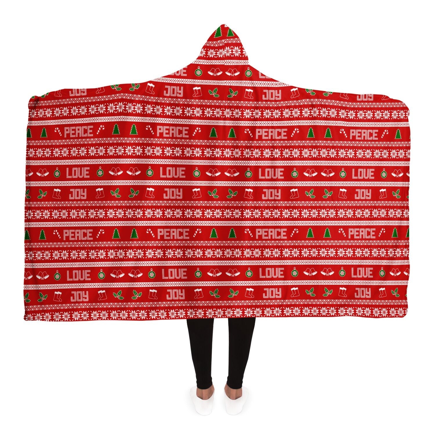 65 MCMLXV Unisex Peace Love Joy Red Christmas Print Hooded Blanket - 65mcmlxv