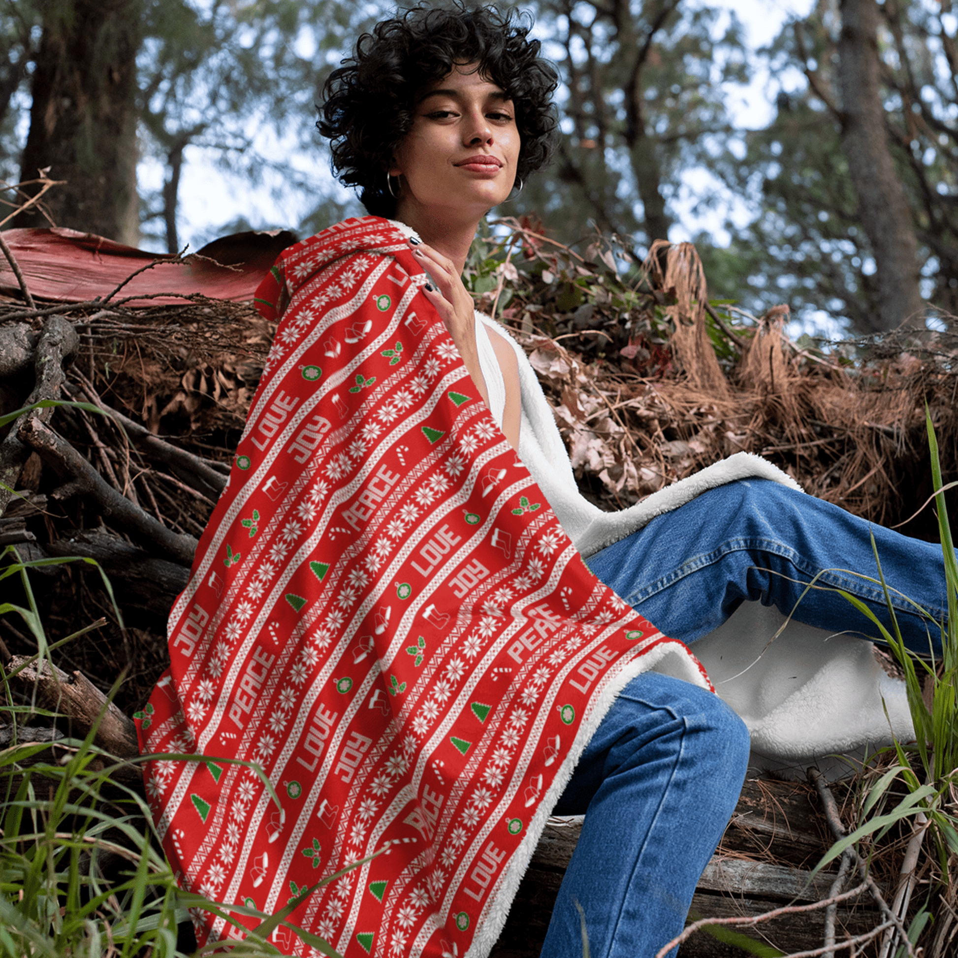 65 MCMLXV Unisex Peace Love Joy Red Christmas Print Hooded Blanket - 65mcmlxv