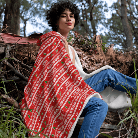 65 MCMLXV Unisex Peace Love Joy Red Christmas Print Hooded Blanket - 65mcmlxv