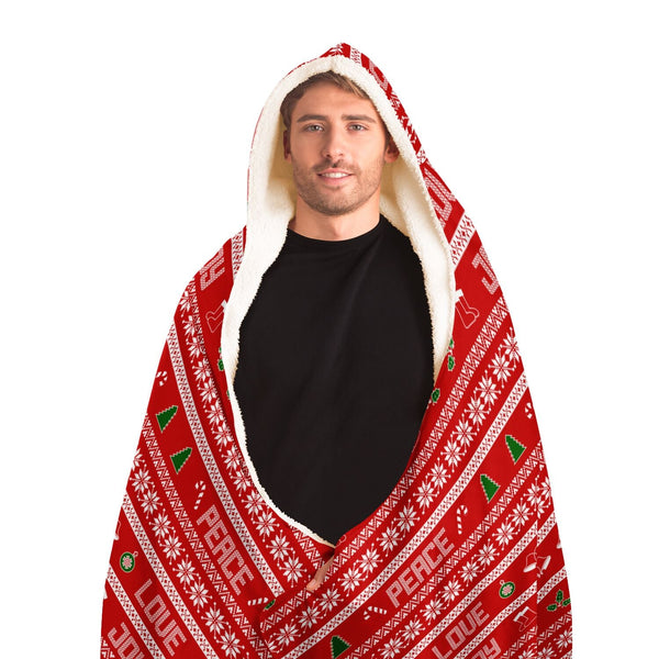 65 MCMLXV Unisex Peace Love Joy Red Christmas Print Hooded Blanket - 65mcmlxv
