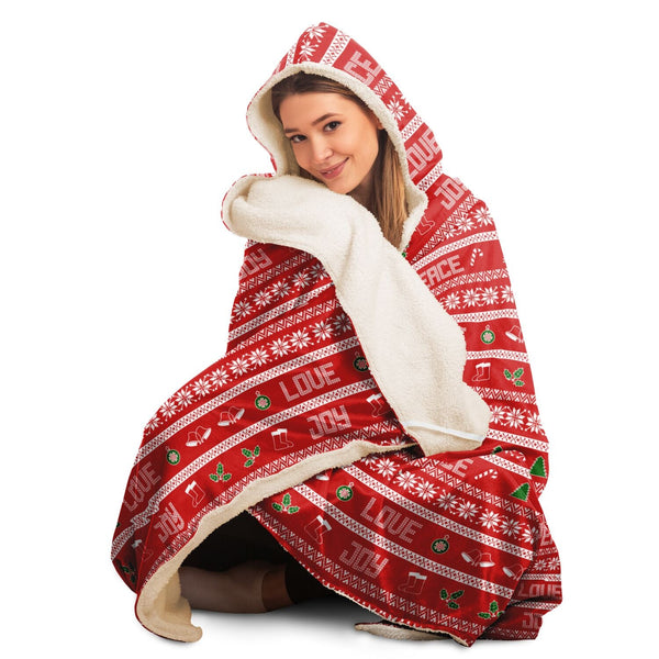 65 MCMLXV Unisex Peace Love Joy Red Christmas Print Hooded Blanket - 65mcmlxv