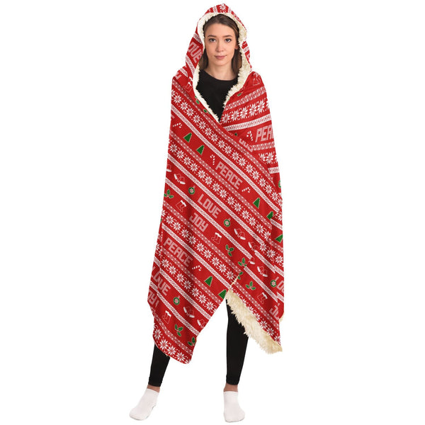 65 MCMLXV Unisex Peace Love Joy Red Christmas Print Hooded Blanket - 65mcmlxv