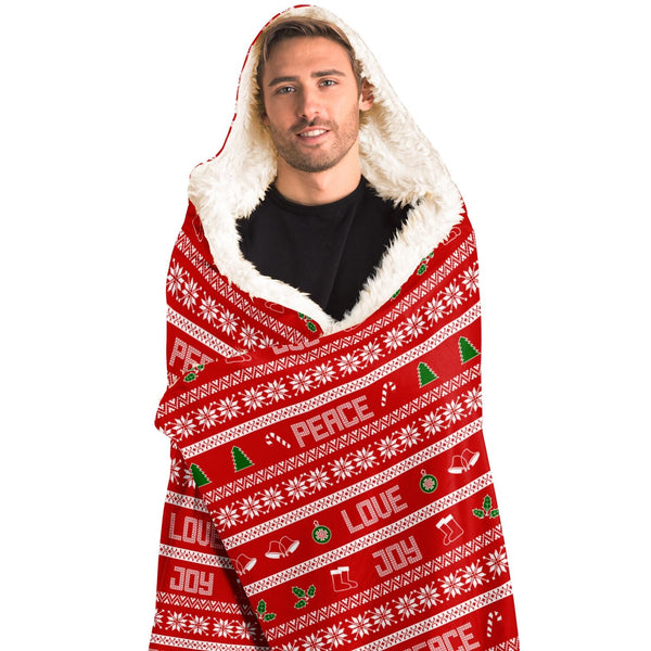 65 MCMLXV Unisex Peace Love Joy Red Christmas Print Hooded Blanket - 65mcmlxv