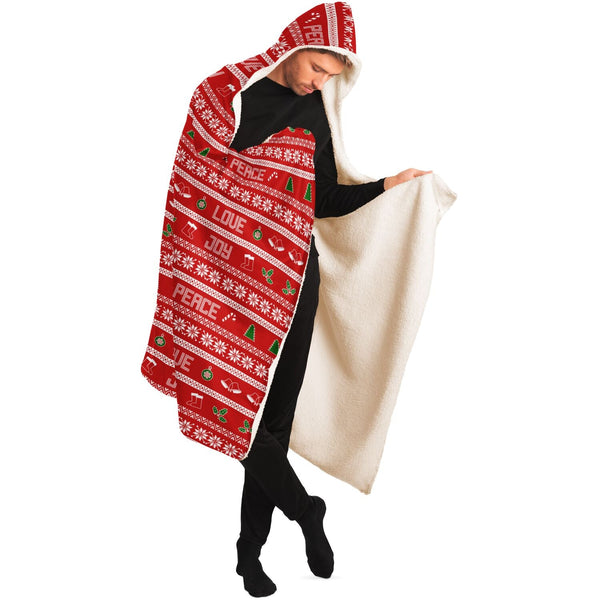 65 MCMLXV Unisex Peace Love Joy Red Christmas Print Hooded Blanket - 65mcmlxv