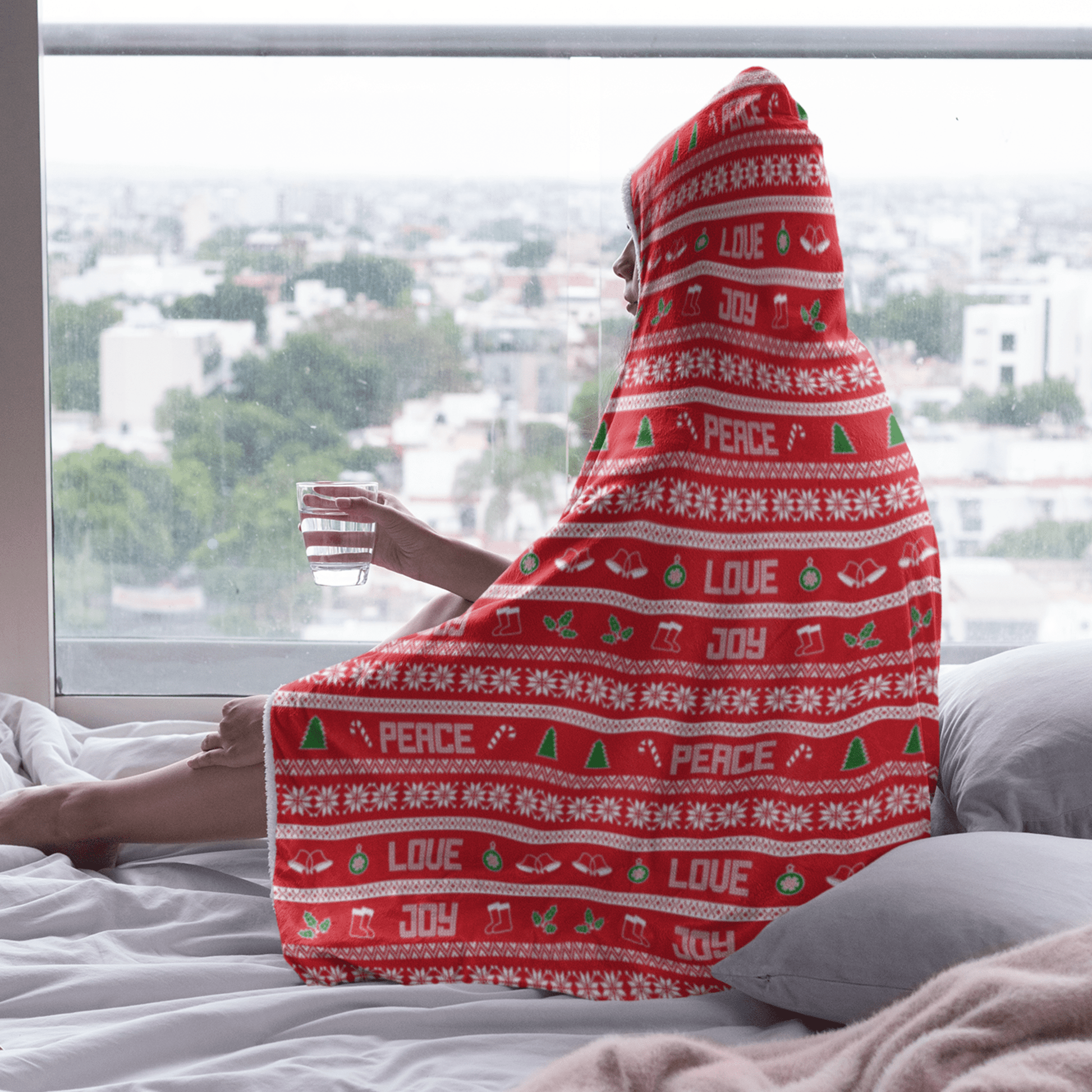 65 MCMLXV Unisex Peace Love Joy Red Christmas Print Hooded Blanket - 65mcmlxv