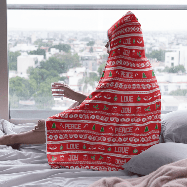 65 MCMLXV Unisex Peace Love Joy Red Christmas Print Hooded Blanket - 65mcmlxv