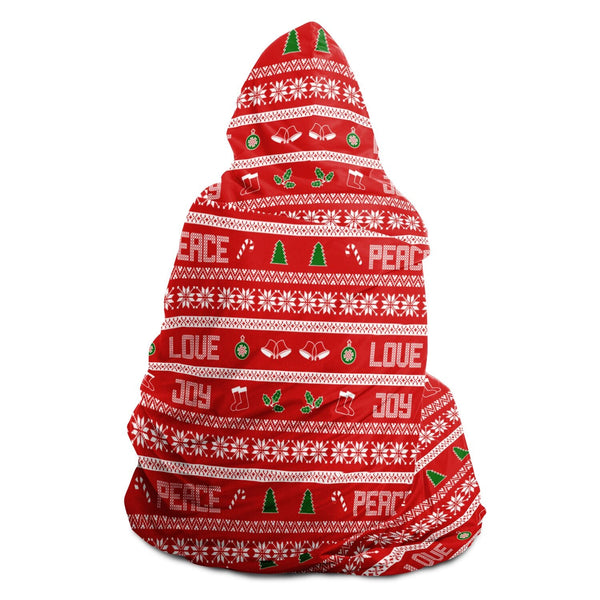 65 MCMLXV Unisex Peace Love Joy Red Christmas Print Hooded Blanket - 65mcmlxv