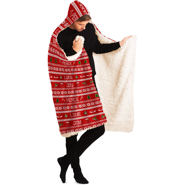 65 MCMLXV Unisex Peace Love Joy Red Christmas Print Hooded Blanket - 65mcmlxv