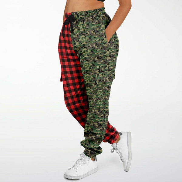 65 MCMLXV Unisex Red Buffalo Plaid and Camouflage Print Cargo Sweatpants - 65mcmlxv