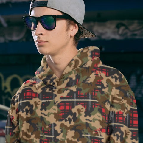 65 MCMLXV Unisex Woodland Camouflage & Red Plaid Print Fleece Pull - over Hoodie - 65mcmlxv