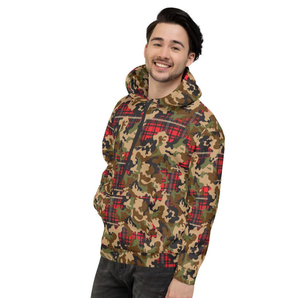 65 MCMLXV Unisex Woodland Camouflage & Red Plaid Print Fleece Pull - over Hoodie - 65mcmlxv