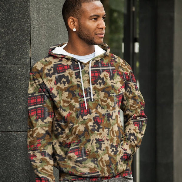 65 MCMLXV Unisex Woodland Camouflage & Red Plaid Print Fleece Pull - over Hoodie - 65mcmlxv