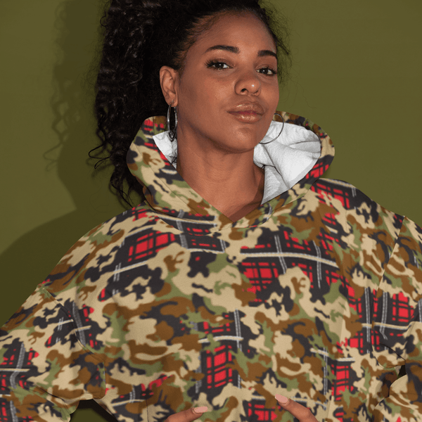 65 MCMLXV Unisex Woodland Camouflage & Red Plaid Print Fleece Pull - over Hoodie - 65mcmlxv
