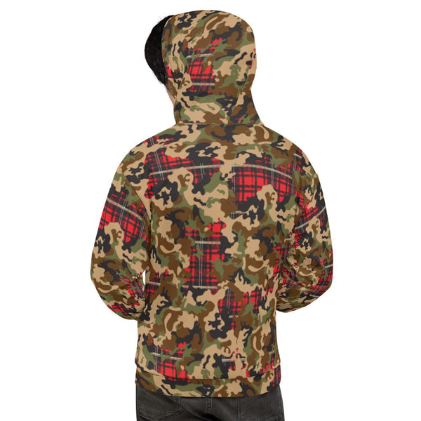 65 MCMLXV Unisex Woodland Camouflage & Red Plaid Print Fleece Pull - over Hoodie - 65mcmlxv