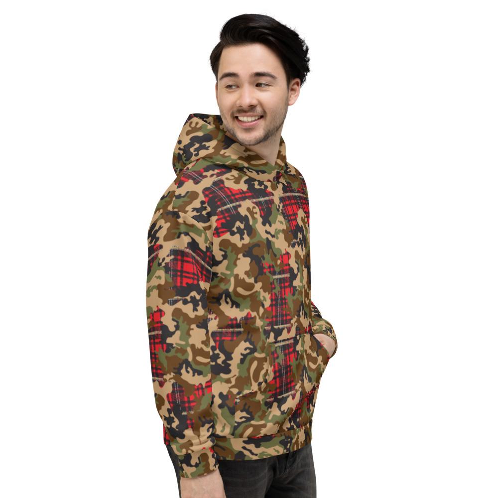 65 MCMLXV Unisex Woodland Camouflage & Red Plaid Print Fleece Pull - over Hoodie - 65mcmlxv