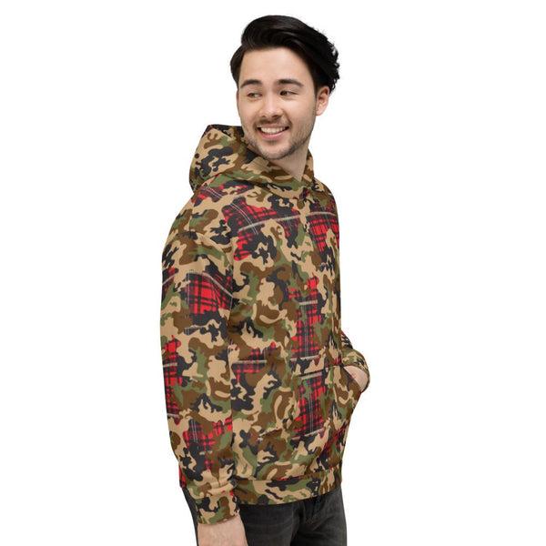 65 MCMLXV Unisex Woodland Camouflage & Red Plaid Print Fleece Pull - over Hoodie - 65mcmlxv