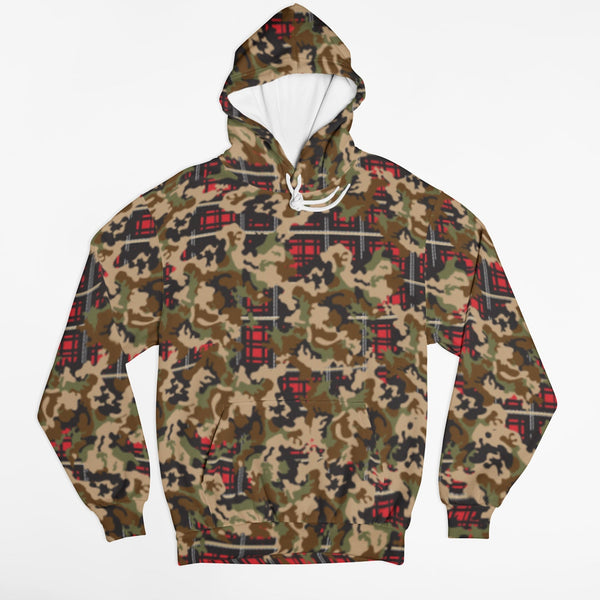 65 MCMLXV Unisex Woodland Camouflage & Red Plaid Print Fleece Pull - over Hoodie - 65mcmlxv