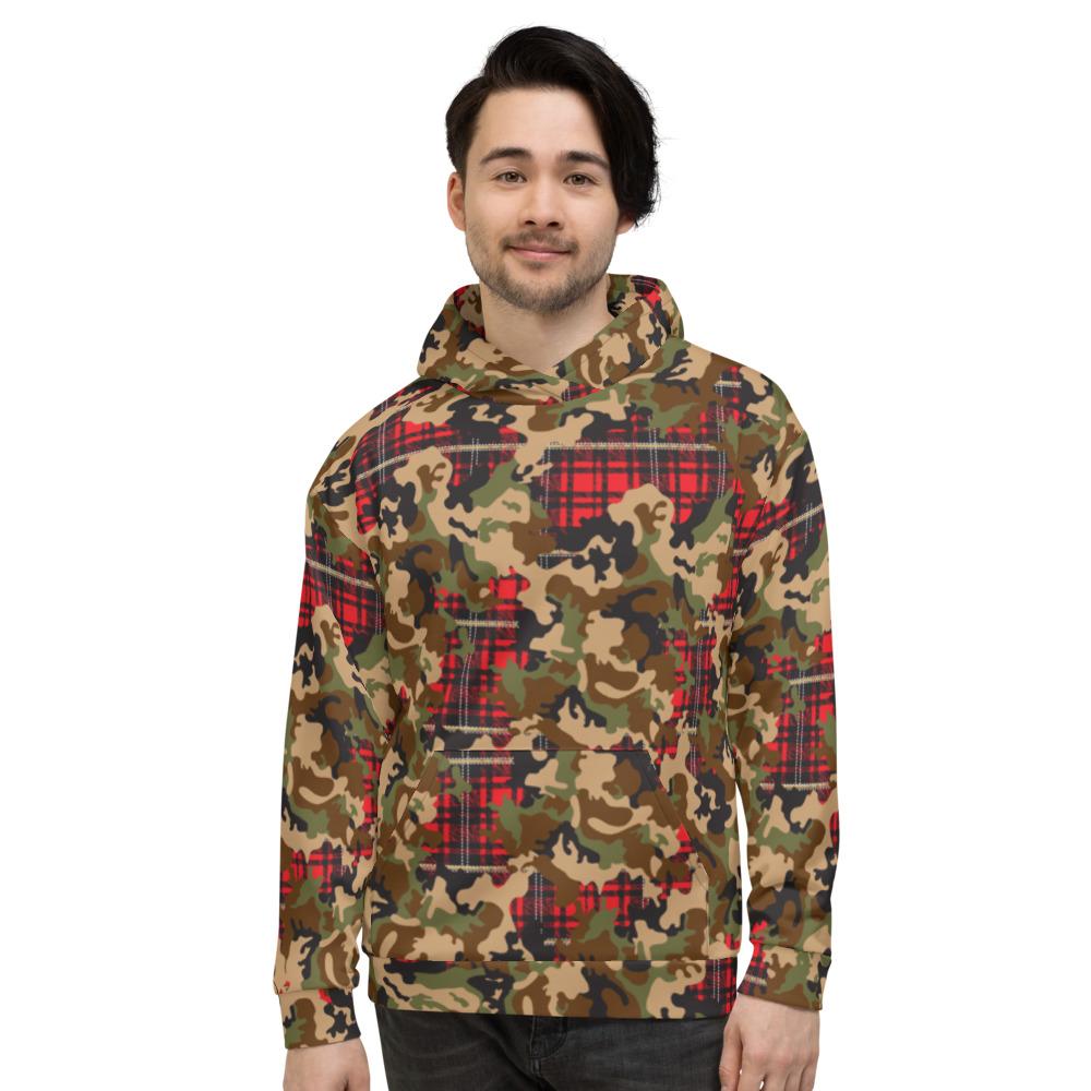 65 MCMLXV Unisex Woodland Camouflage & Red Plaid Print Fleece Pull - over Hoodie - 65mcmlxv