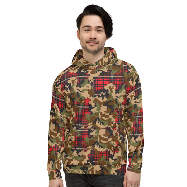 65 MCMLXV Unisex Woodland Camouflage & Red Plaid Print Fleece Pull - over Hoodie - 65mcmlxv