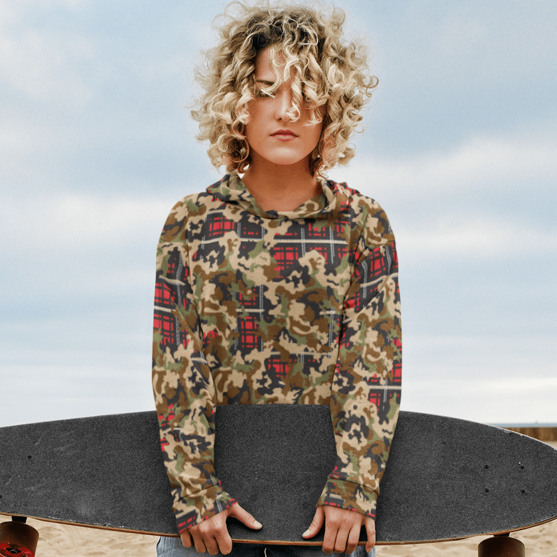 65 MCMLXV Unisex Woodland Camouflage & Red Plaid Print Fleece Pull - over Hoodie - 65mcmlxv
