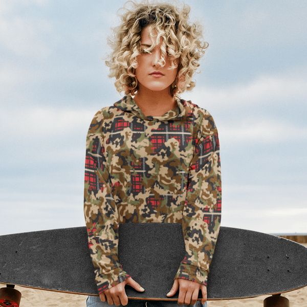 65 MCMLXV Unisex Woodland Camouflage & Red Plaid Print Fleece Pull - over Hoodie - 65mcmlxv