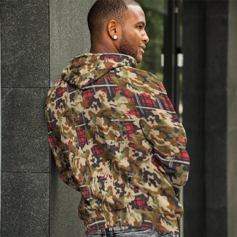 65 MCMLXV Unisex Woodland Camouflage & Red Plaid Print Fleece Pull - over Hoodie - 65mcmlxv