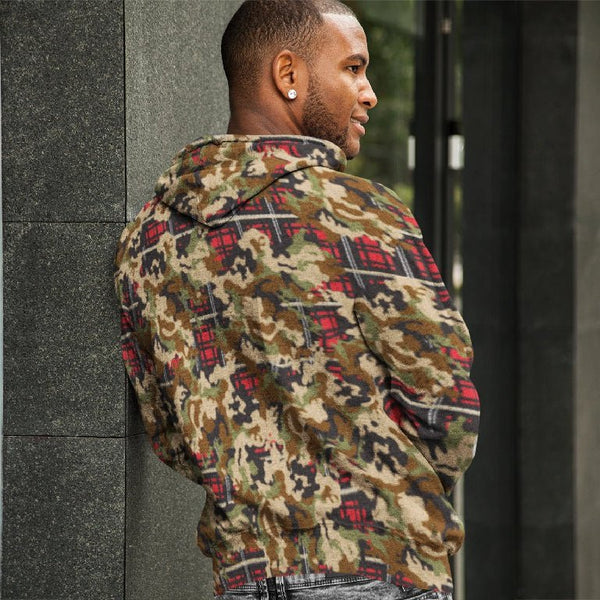 65 MCMLXV Unisex Woodland Camouflage & Red Plaid Print Fleece Pull - over Hoodie - 65mcmlxv