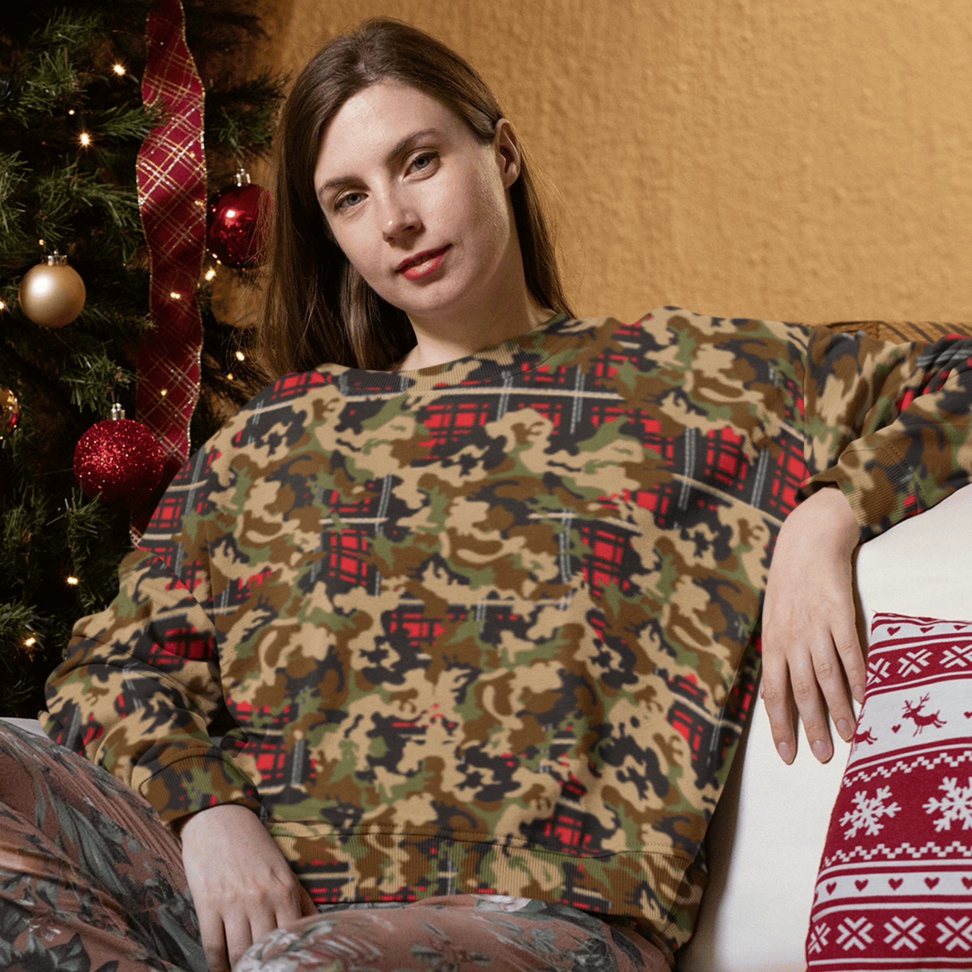 65 MCMLXV Unisex Woodland Camouflage & Red Plaid Print Fleece Sweatshirt - 65mcmlxv