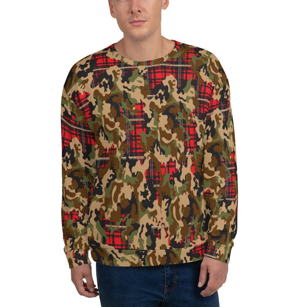 65 MCMLXV Unisex Woodland Camouflage & Red Plaid Print Fleece Sweatshirt - 65mcmlxv