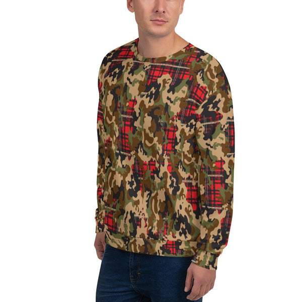 65 MCMLXV Unisex Woodland Camouflage & Red Plaid Print Fleece Sweatshirt - 65mcmlxv