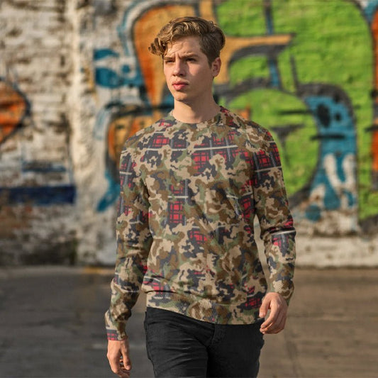 65 MCMLXV Unisex Woodland Camouflage & Red Plaid Print Fleece Sweatshirt - 65mcmlxv