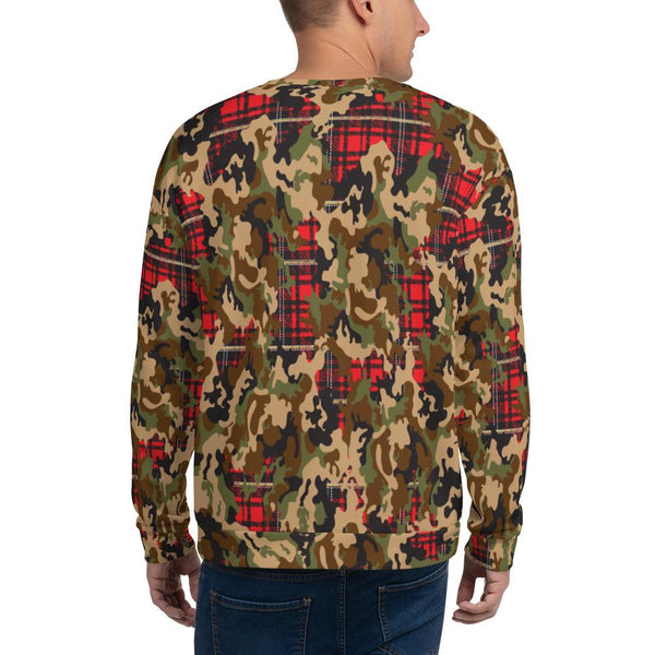 65 MCMLXV Unisex Woodland Camouflage & Red Plaid Print Fleece Sweatshirt - 65mcmlxv