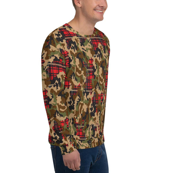 65 MCMLXV Unisex Woodland Camouflage & Red Plaid Print Fleece Sweatshirt - 65mcmlxv
