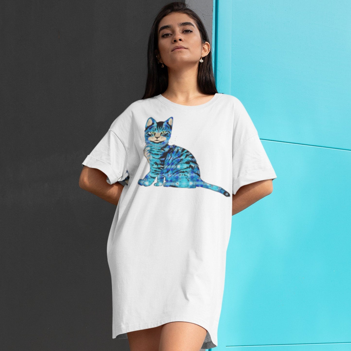 65 MCMLXV Women's Bejeweled Blue 70s Disco Cat Organic Cotton T-Shirt Dress - 65mcmlxv