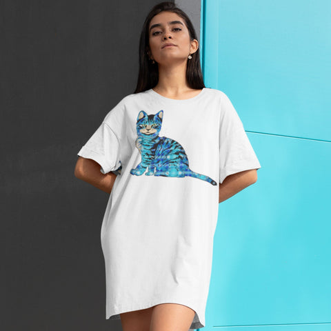 65 MCMLXV Women's Bejeweled Blue 70s Disco Cat Organic Cotton T-Shirt Dress - 65mcmlxv