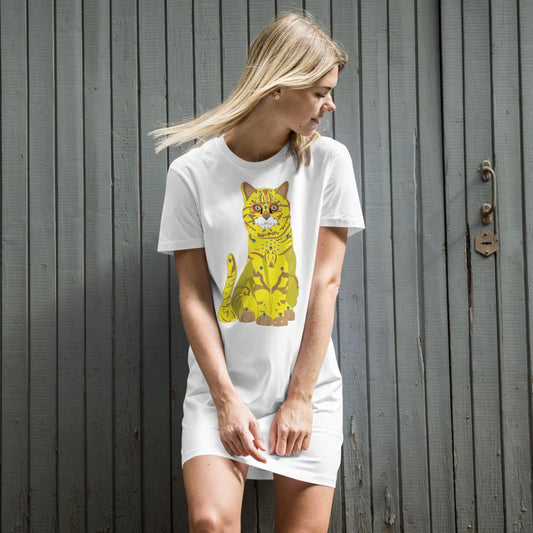 65 MCMLXV Women's Bejeweled Yellow 70s Disco Cat Organic Cotton T-Shirt Dress - 65mcmlxv