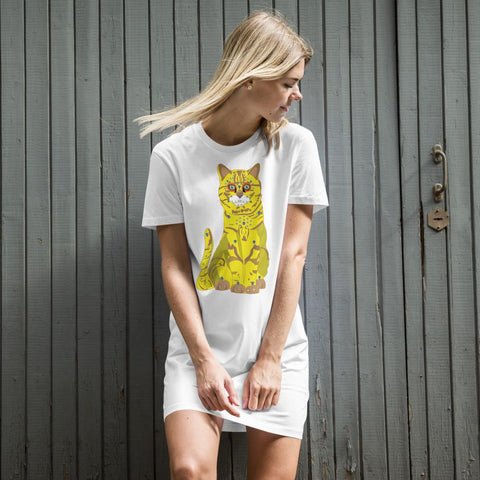 65 MCMLXV Women's Bejeweled Yellow 70s Disco Cat Organic Cotton T-Shirt Dress - 65mcmlxv