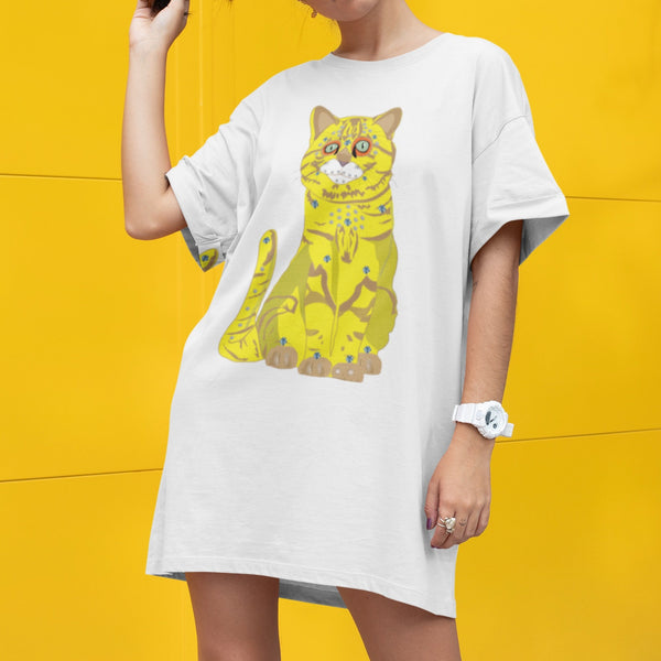 65 MCMLXV Women's Bejeweled Yellow 70s Disco Cat Organic Cotton T-Shirt Dress - 65mcmlxv