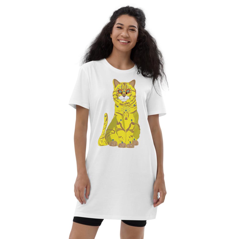 65 MCMLXV Women's Bejeweled Yellow 70s Disco Cat Organic Cotton T-Shirt Dress - 65mcmlxv