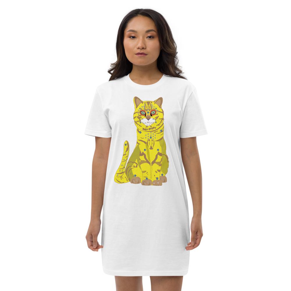 65 MCMLXV Women's Bejeweled Yellow 70s Disco Cat Organic Cotton T-Shirt Dress - 65mcmlxv