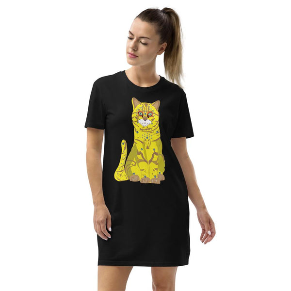 65 MCMLXV Women's Bejeweled Yellow 70s Disco Cat Organic Cotton T-Shirt Dress - 65mcmlxv