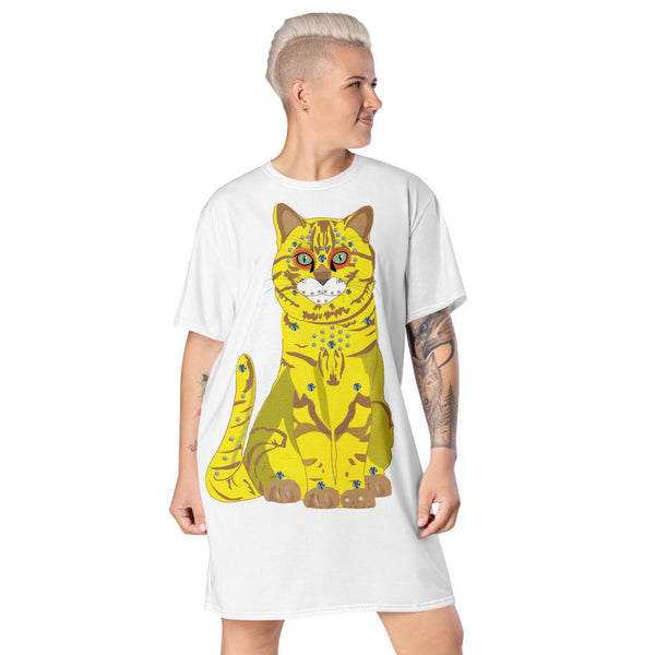 65 MCMLXV Women's Bejeweled Yellow and Blue 70s Disco Cats T-Shirt Dress - 65mcmlxv