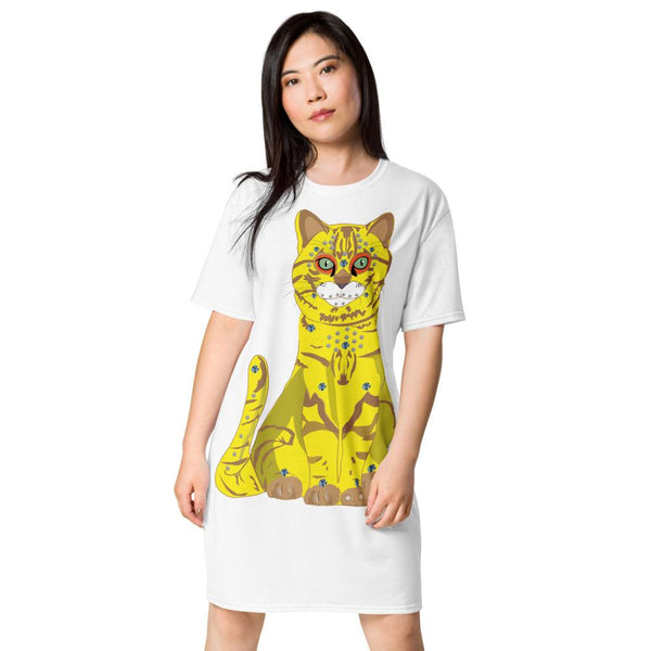 65 MCMLXV Women's Bejeweled Yellow and Blue 70s Disco Cats T-Shirt Dress - 65mcmlxv
