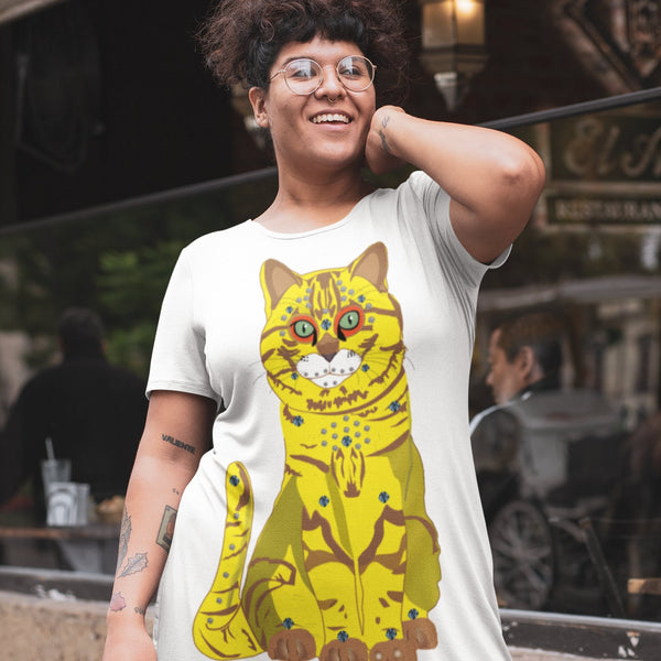 65 MCMLXV Women's Bejeweled Yellow and Blue 70s Disco Cats T-Shirt Dress - 65mcmlxv