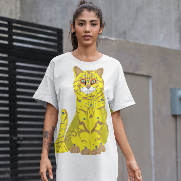 65 MCMLXV Women's Bejeweled Yellow and Blue 70s Disco Cats T-Shirt Dress - 65mcmlxv