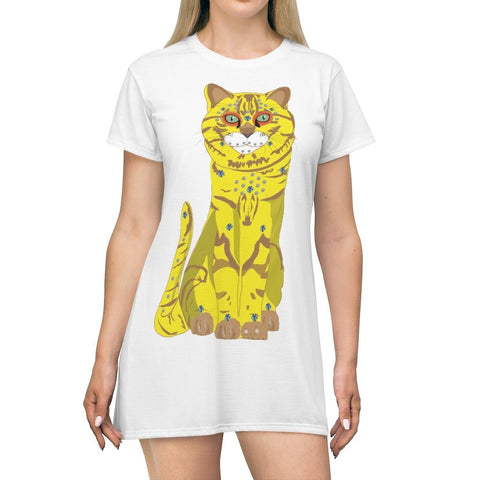 65 MCMLXV Women's Bejeweled Yellow and Blue 70s Disco Cats T-Shirt Dress - 65mcmlxv