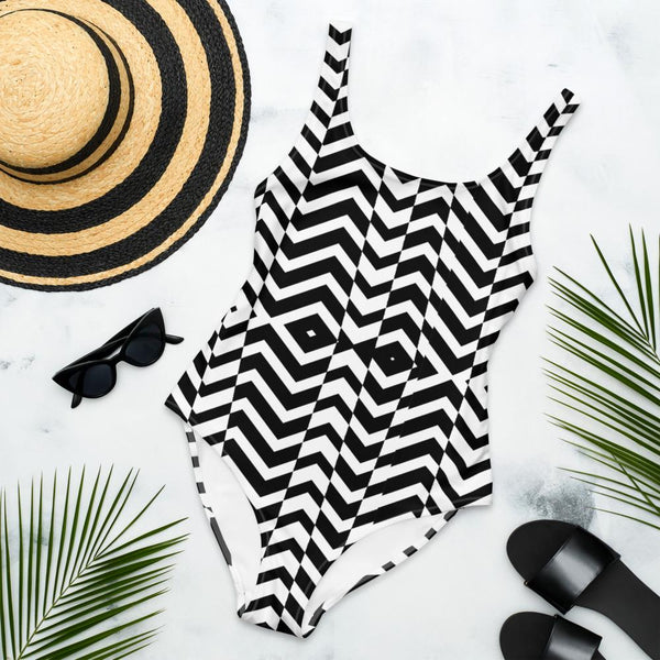 65 MCMLXV Women's Black and White Chevron Wave Print One - Piece Swimsuit - 65mcmlxv