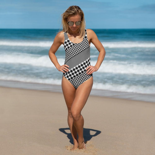 65 MCMLXV Women's Black and White Gingham Plaid Mix Print One - Piece Swimsuit - 65mcmlxv
