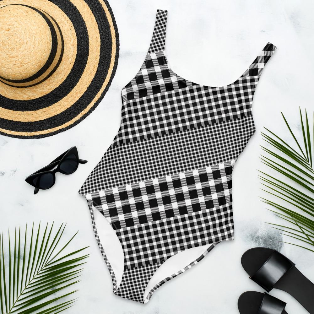 65 MCMLXV Women's Black and White Gingham Plaid Mix Print One - Piece Swimsuit - 65mcmlxv