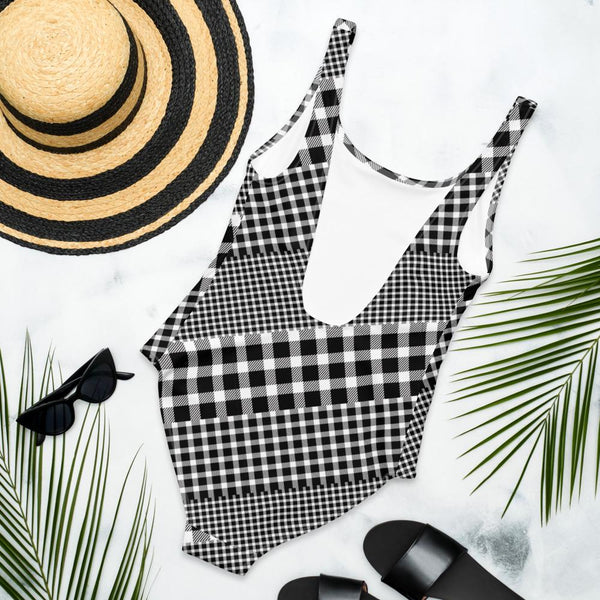 65 MCMLXV Women's Black and White Gingham Plaid Mix Print One - Piece Swimsuit - 65mcmlxv